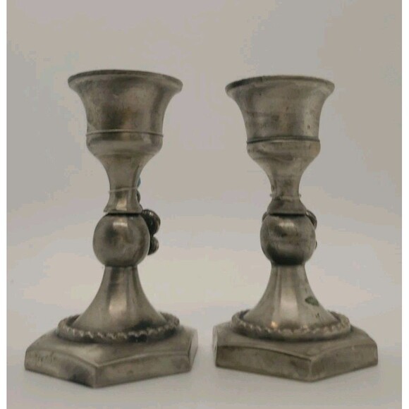 Silver Tone Brass Candlesticks Holders W/ Beads & Flower Charm Appx 3 - Picture 7 of 16